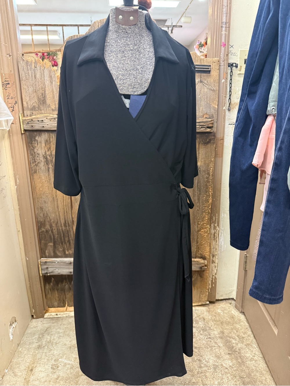 Suzie In The City Black Wrap Midi Dress with Collar and Tie